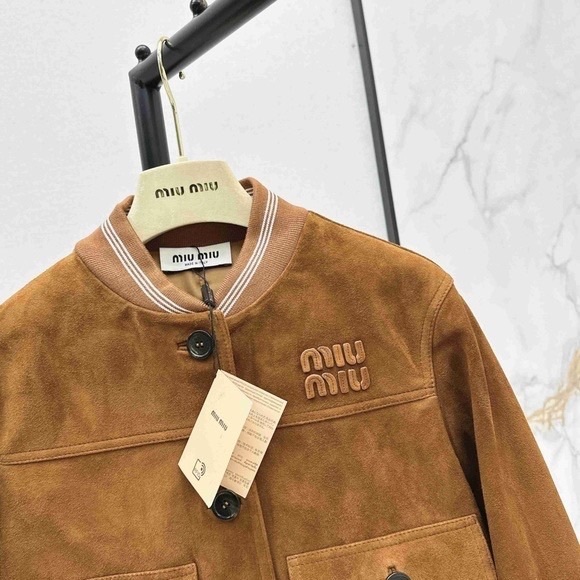Miu Miu Brown Suede Cropped Bomber Jacket Logo Button Front Pockets - Picture 3 of 8